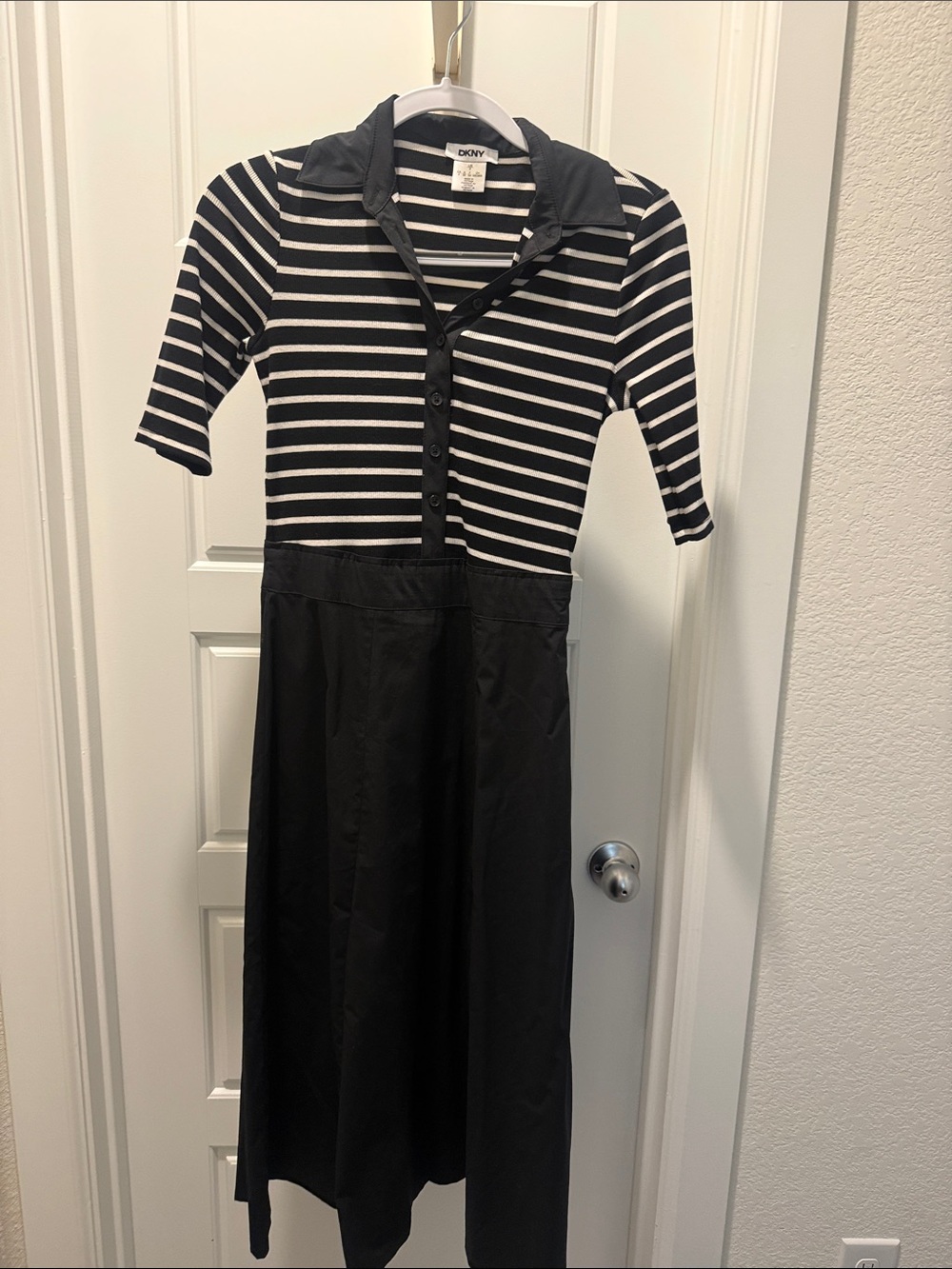 DKNY Black and White Striped Polo Midi Dress